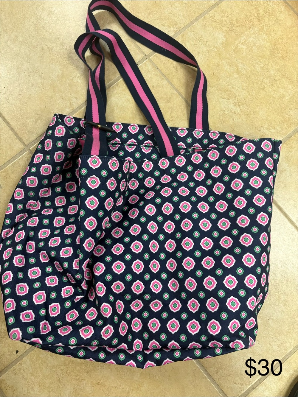 Vera Bradley Navy Tote with Pink Geometric Print
